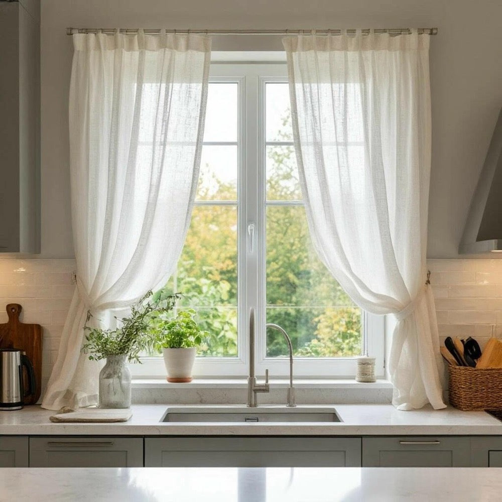 Organic Curtains - Stonewashed Cafe Curtain - Fabric Blinds - Semi Sheer Kitchen Valance - Flax Drape